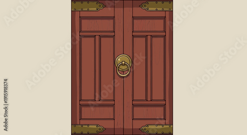 Antique Wooden Double Door with Brass Knocker and Hinges, Rusty Red Color