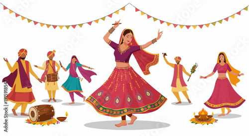 Group of Indian People Dancing Garba or Dandiya Raas During Festival Celebration, Isolated Vector Illustration of Traditional Folk Dance.