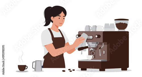 Female Barista Cleaning Espresso Machine Illustration on White Background