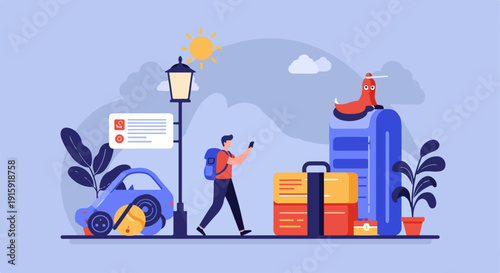 Traveler using a smartphone app for car rental or ride-sharing service, surrounded by luggage under the sun.