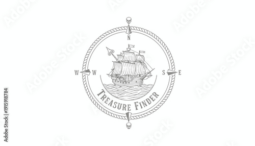 Vintage Compass Rose with Sailing Ship and "Treasure Finder" Text