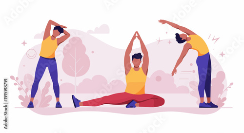 Male figure performing stretching and yoga poses in a stylized outdoor setting, representing fitness and healthy lifestyle.