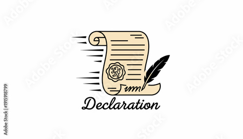 Vintage Declaration Scroll with Feather Pen and Seal, Symbolizing History and Law