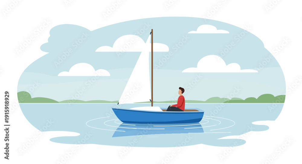 Naklejka premium Simple vector illustration of a man sailing a blue boat on calm water, showcasing leisure, relaxation, and outdoor activity.