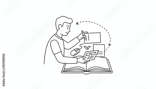 Student learning online with books and computer, digital education concept