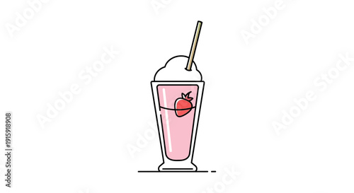 Strawberry Smoothie in Tall Glass with Straw, Refreshing Summer Drink, Flat Design Icon