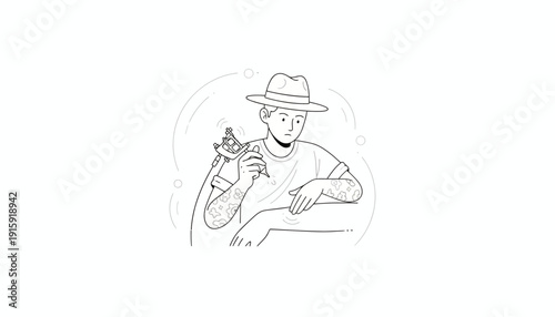 Tattoo Artist in Hat Creating Art on Arm with Tattoo Machine, Line Art Illustration