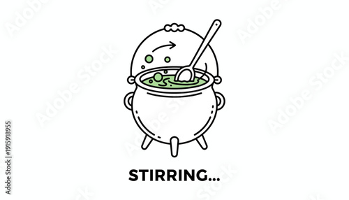 Stirring Cauldron with Bubbling Potion and Spoon, Halloween Witchcraft Concept