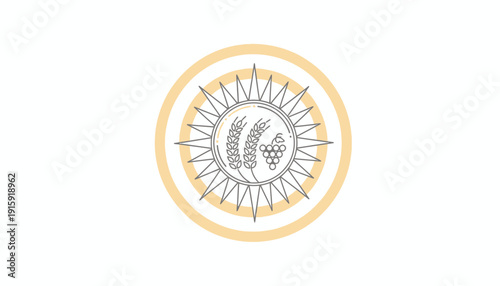 Sun icon with wheat and grapes, symbolizing harvest, agriculture, and abundance.
