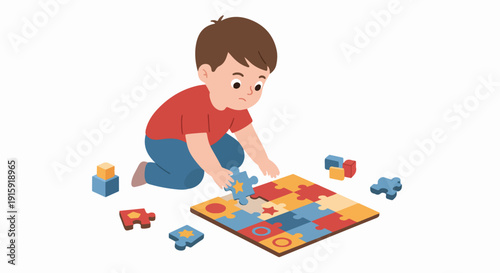 Focused Young Boy Solving a Colorful Jigsaw Puzzle Game, Illustrating Childhood Education and Development.