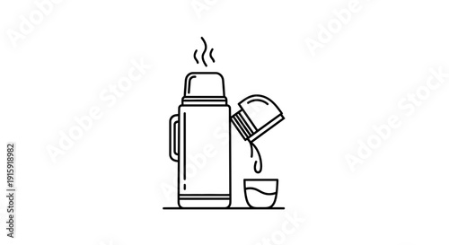 Thermos Flask Pouring Hot Drink into Cup with Steam, Line Art Icon