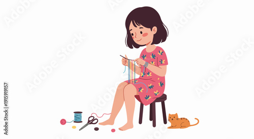Happy little girl sitting and crafting colorful textile designs, enjoying her creative hobby with a small pet cat.