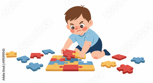 Frustrated little boy struggling to complete a colorful jigsaw puzzle, emphasizing determination and learning through play.