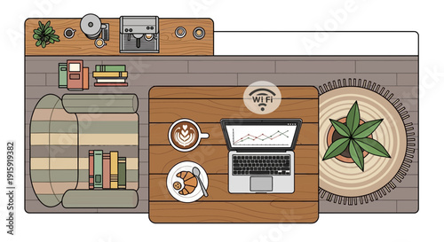 Cozy Home Office Setup with Laptop, Coffee, and Books