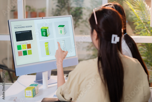 Two asian woman designer using AI artificial intelligence assistant for cosmetic packaging design development, team business marketing planning creative, product design project with AI for idea.