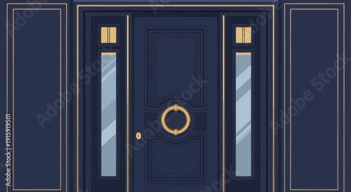 Elegant Dark Blue Front Door with Gold Accents and Sidelights