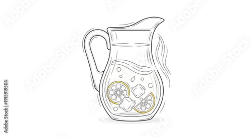 Refreshing Lemonade Pitcher with Ice and Lemon Slices, Hand-Drawn Sketch Style