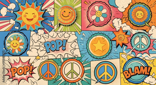 Retro Pop Art Comic Style Sun Flowers Peace Signs and Words