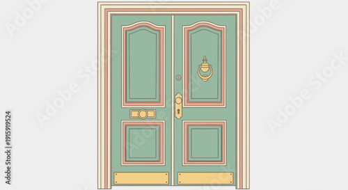 Elegant Pastel Green Double Door with Brass Knocker and Mail Slot