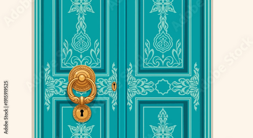 Elegant Teal Door with Ornate Gold Knocker and Lock