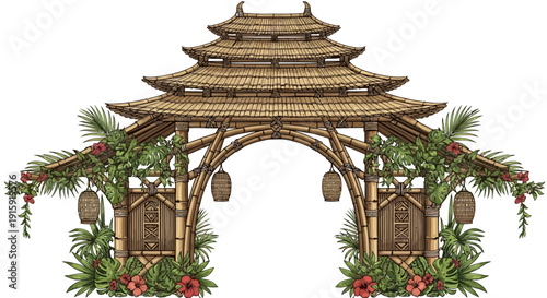 Exotic Bamboo Archway with Tropical Plants and Lanterns