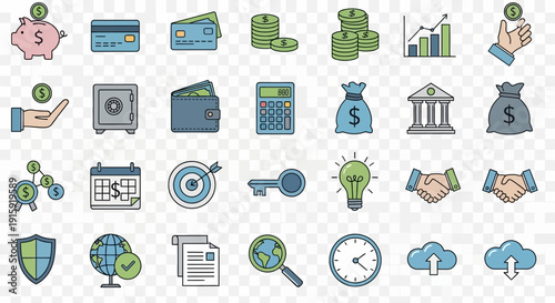Finance and Business Icons Set: Money, Banking, Savings, Investment, Security