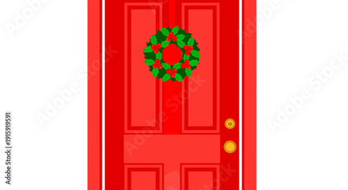 Festive Red Door with Holly Wreath, Christmas Welcome Concept