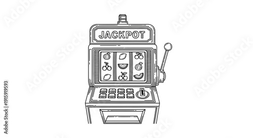 Retro Slot Machine with Jackpot Sign and Fruit Symbols, Vintage Casino Game Illustration