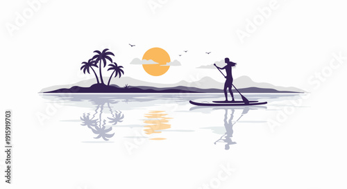 Silhouette of a woman stand-up paddleboarding (SUP) on calm water during sunset near a tropical island, flat vector illustration.