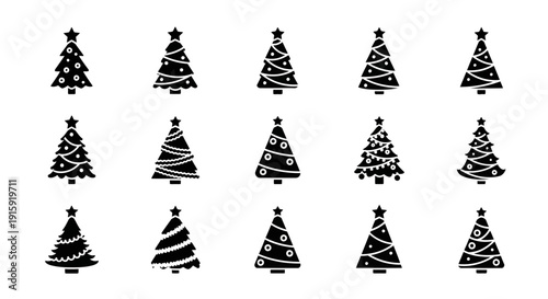 Set of 15 Black Christmas Tree Icons with Ornaments and Stars