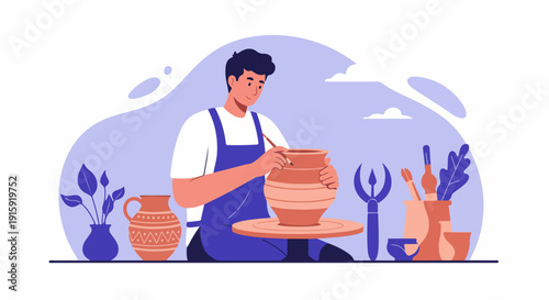 Artisan decorating a ceramic vase in a pottery workshop, illustrating craftsmanship, hobby, and handmade art in a modern flat style.