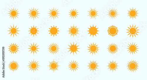 Collection of Diverse Sun Icons, Bright Yellow Solar Symbols on Light Blue Background