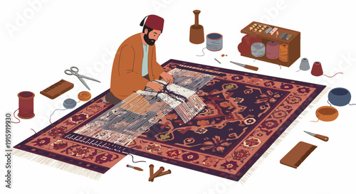 Traditional Weaver Hand-Knotting an Oriental Rug: Craftsman Working on an Intricate Carpet Surrounded by Yarn and Tools, Isolated Vector Illustration.