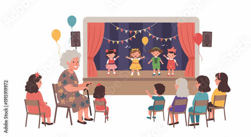 Flat illustration of children performing a festive play on stage while family members, including a proud grandmother, watch in the audience.