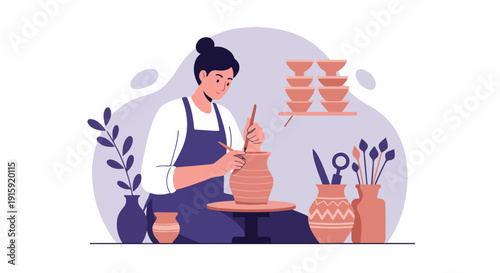 Skilled female potter shaping a ceramic vase by hand in a workshop, surrounded by finished clay art and tools.