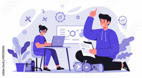 Modern flat illustration of collaborative business teamwork, discussion, mentoring, and digital strategy development.