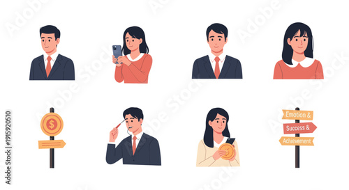 Business people and success concept illustration with money, phone, and direction signs, ideal for corporate finance, communication, and motivation content