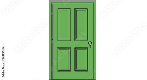 Green Four Panel Door with Outline, Isolated on White Background