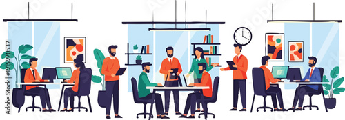 Modern office workspace with diverse business team collaborating, working on computers, and discussing projects. Flat design illustration.