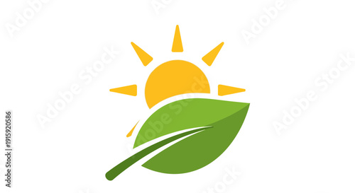 Green leaf with sun logo, eco friendly and nature symbol