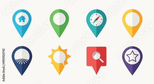 Map Pin Icons Set: Location, Navigation, Search, Home, Star, Compass, Sun, Field