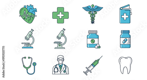Medical Health Care Icons Set: Heart, Cross, Caduceus, Microscope, Doctor, Syringe