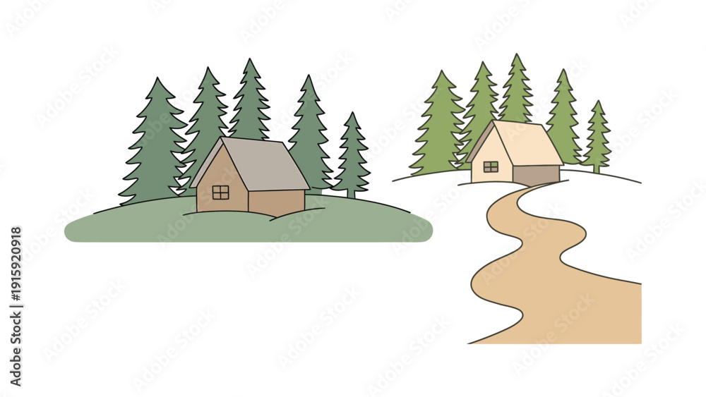 Obraz premium Forest Cabin Landscape Vector Illustration, Cute Woodland House and Pine Trees