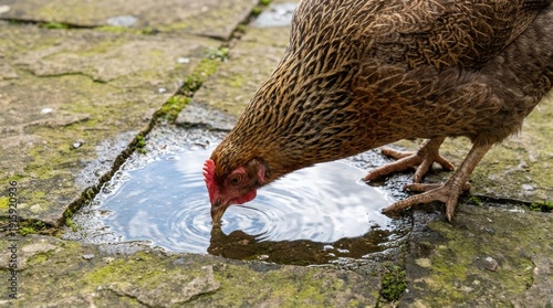 Chicken drinking water from a small puddle on mossy patio ground