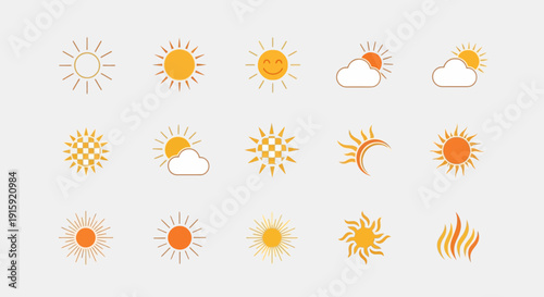Collection of Sun Icons: Weather, Heat, and Energy Symbols