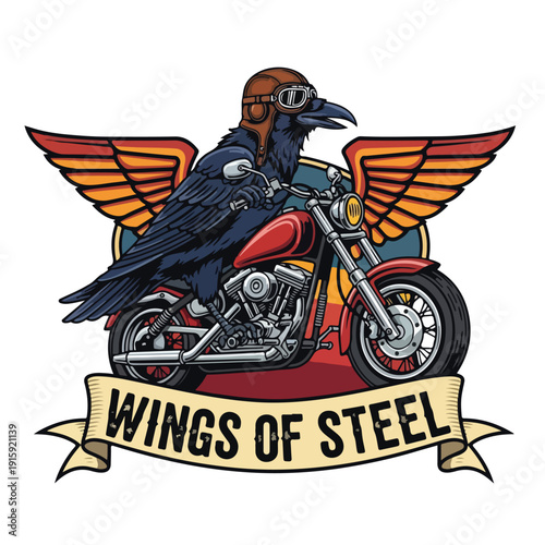 Raven Motorcycle Rider with Wings Emblem
