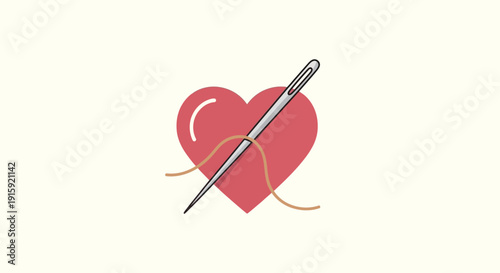 Needle and thread sewing a red heart, concept of love, repair, or healing
