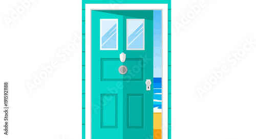 Open Teal Door Revealing Tropical Beach Scene and Ocean
