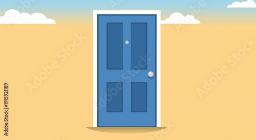 Open door concept, blue door on sandy background with clouds and tree outline