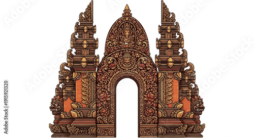 Ornate Balinese Temple Gate Carving, Traditional Indonesian Architecture, Isolated